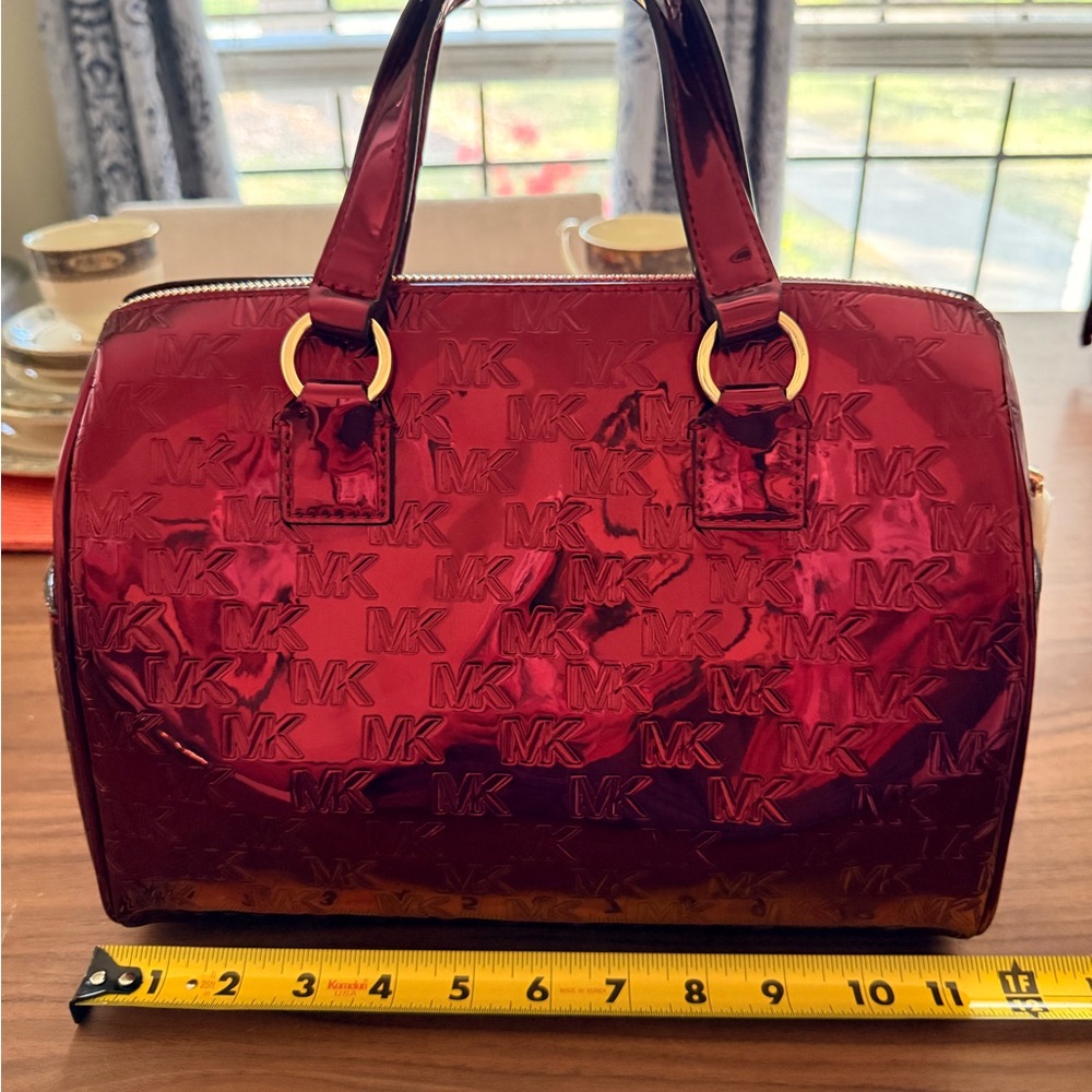 Michael Kors Deep Red Patent MK Monogram Satchel with Gold Rings